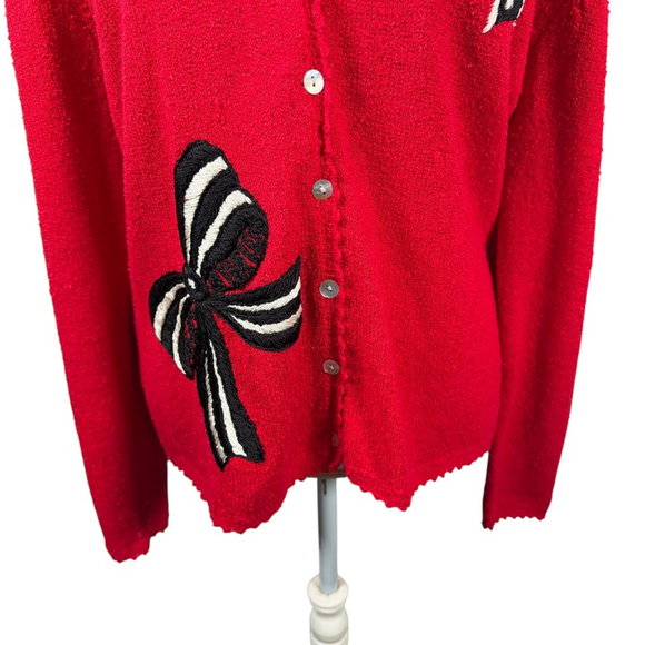 Vintage Susan Bristol Red Button Cardigan Embroidered Bows V-Neck Cute Size M - Picture 5 of 12